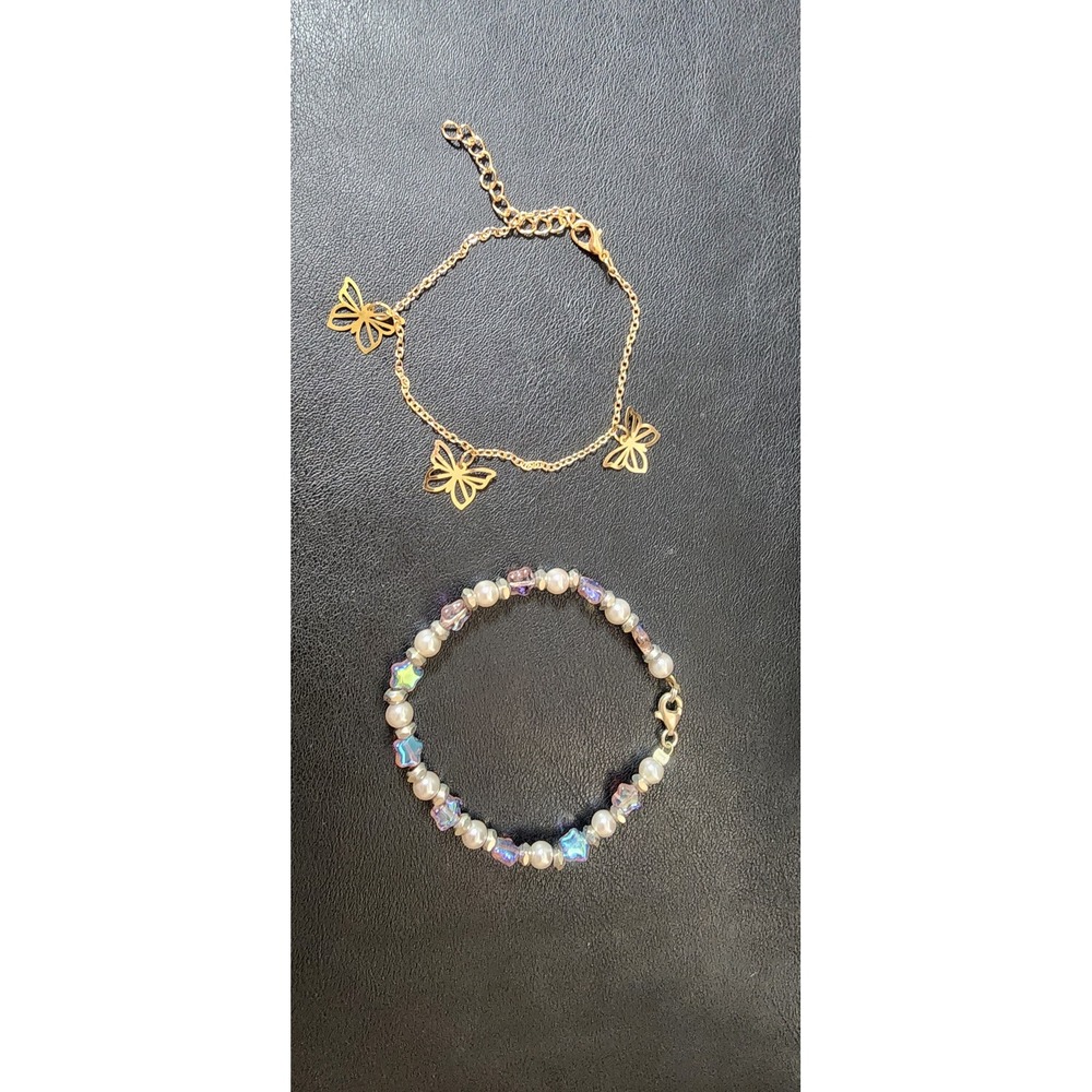 Butterfly Gold Tone Chain‎ and Pearl Star Beaded Bracelet Set 2pc